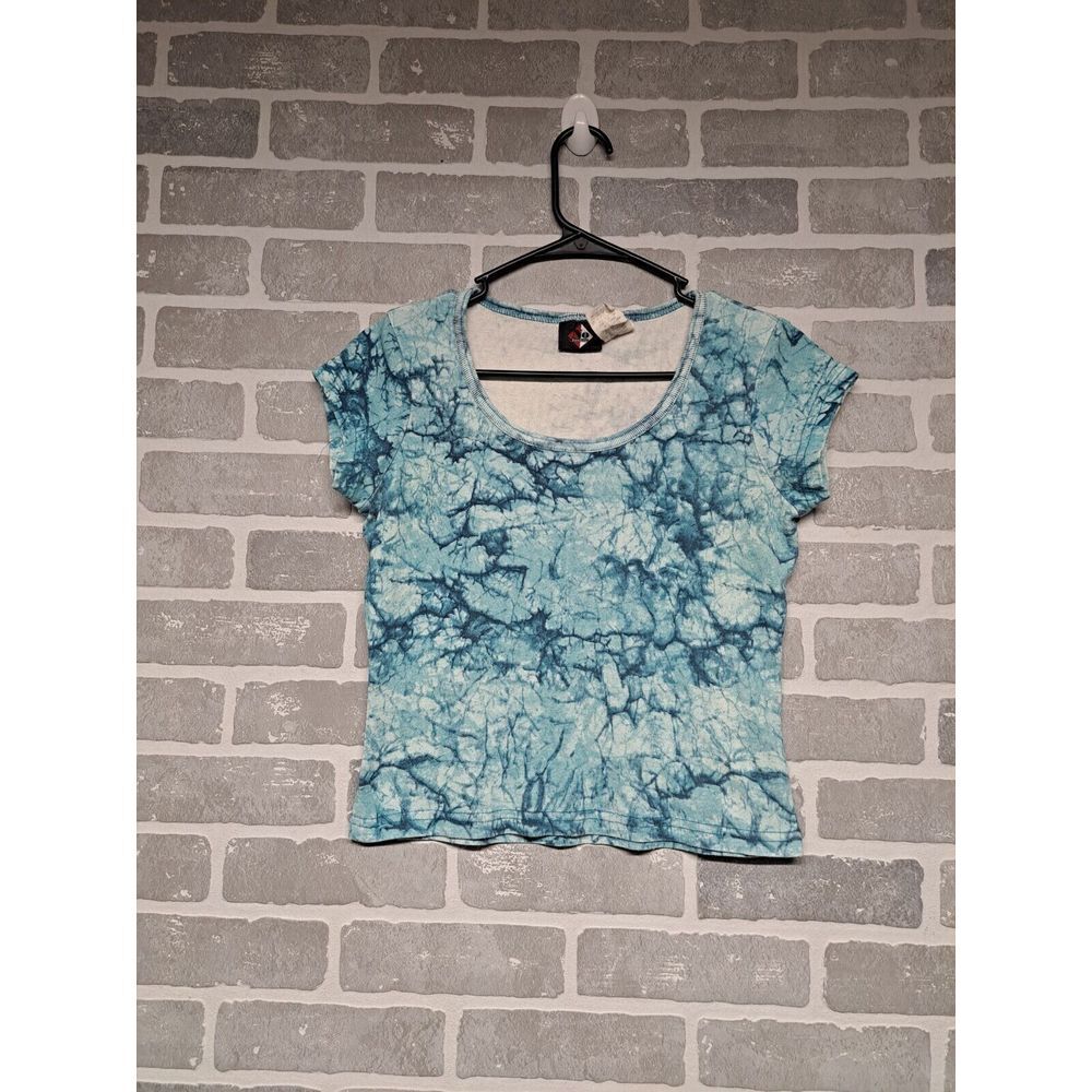 NoBoundaries Vintage Y2K Womens Scoop Neck Blue‎ White MARBLED Print Small Top